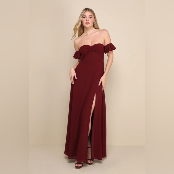 Lulu’s Absolute Romance Burgundy Off-the-Shoulder Maxi Dress Bridesmaid Formal - Picture 1 of 11